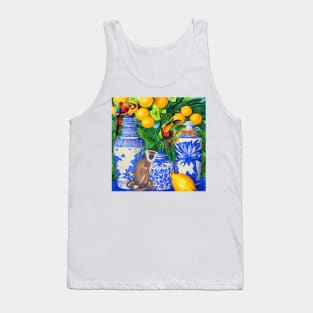 Monkey, toucan,  parrot and chinoiserie jars in tropical garden Tank Top